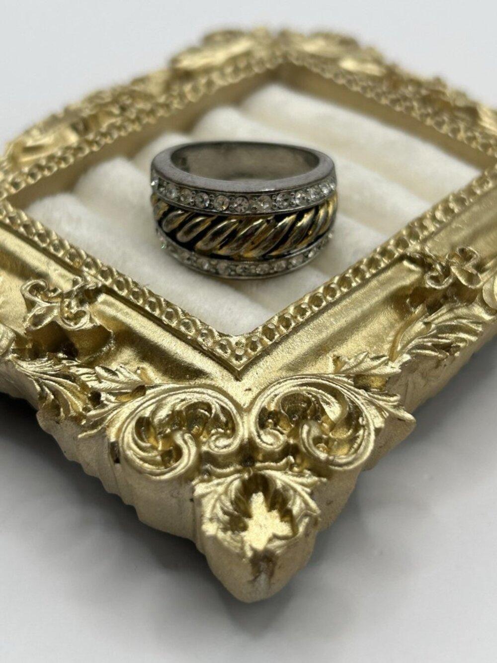 Vintage Size 8 Two Tone Ring Clear Rhinestones Wide Band Silver Gold Tone Shine